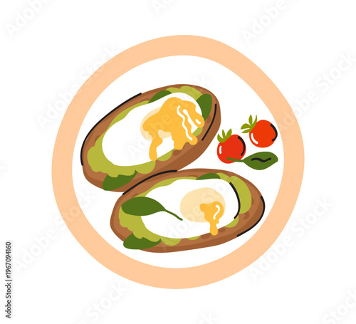 Avocado toast on plate with vegetables. Healthy breakfast vector illustration. Eggs, avocado, cherry tomatoes, olive oil, green herbs. Snack for vegetarian lunch.