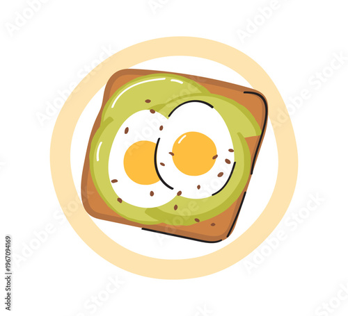 Avocado and eggs toast. Healthy breakfast vector illustration. Snack for vegetarian lunch. Hand drawn print with doodles elements.