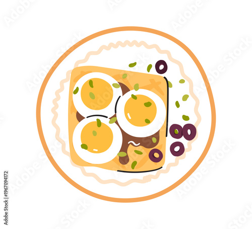 Delicious sandwich with fried bread, boiled egg, olives, seeds and sauce. Healthy breakfast plate. Vector illustration on white background.