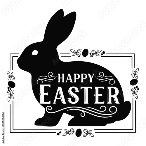 Vintage easter illustration a black silhouette of a rabbit with decorative floral elements