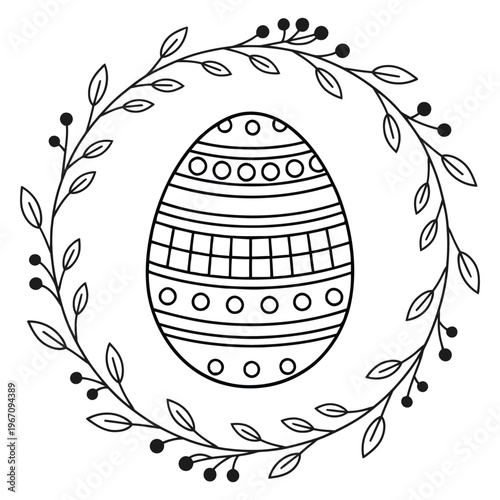Hand drawn easter egg wreath a delicate black and white illustration for spring celebrations