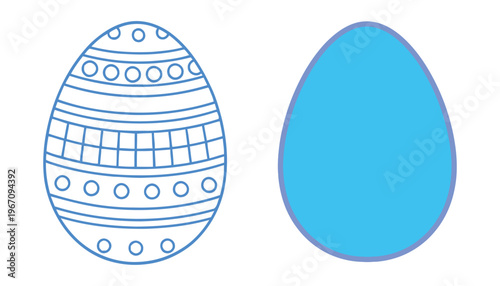 Two blue easter eggs one patterned one solid isolated on a white background