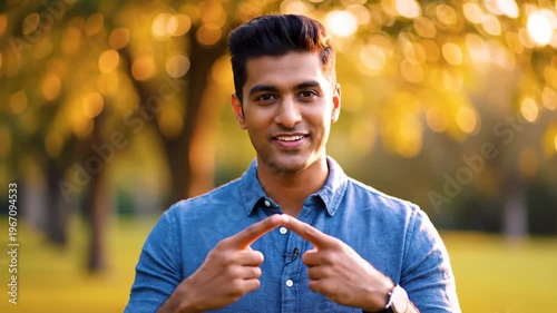Young Man Smiling and Talking in a Park With Golden Bokeh Background, Close Up