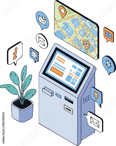 Isometric Vector Illustration of an Interactive Self-Service Kiosk with Map and Navigation Icons for Information and Automated Support
