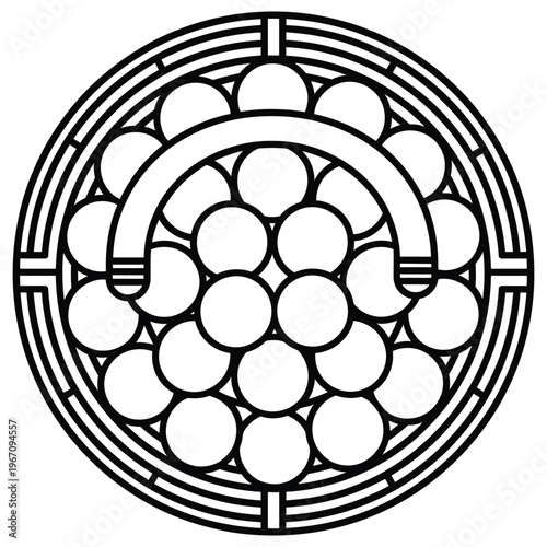 Intricate black and white circular design a geometric pattern with concentric rings and spheres