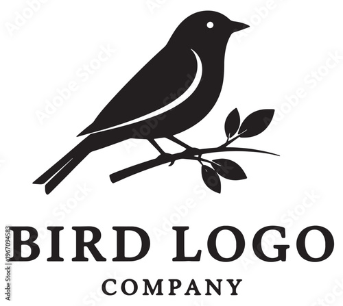 Elegant black silhouette of a bird perched on a branch with company branding text