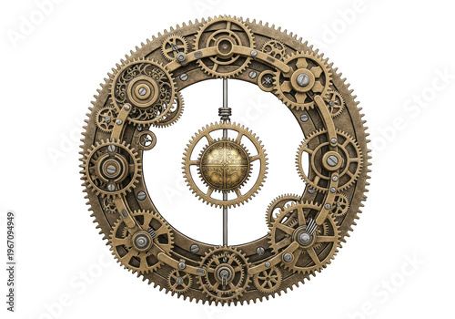 Complex antique clockwork mechanism featuring an ornate central sphere surrounded by metal gears