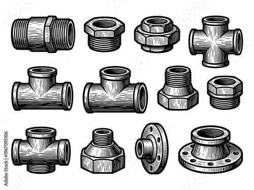 Vintage Adapter Fittings Engraving Illustration Black and White Line Art
