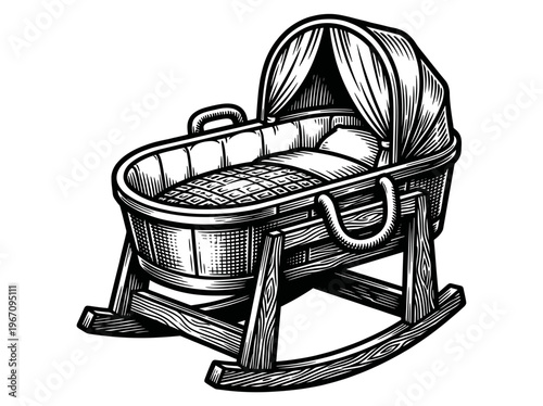 Vintage Bassinet Engraving Illustration Black and White Line Art