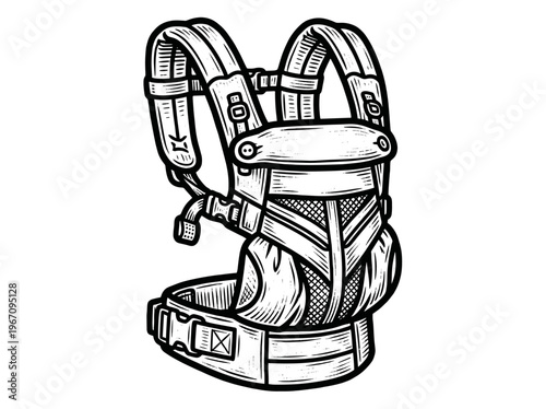 Vintage Baby Carrier Front Engraving Illustration Black and White Line Art