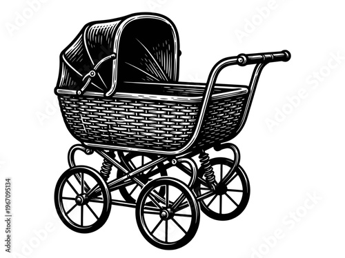Vintage Baby Pram Engraving Illustration Black and White Line Art