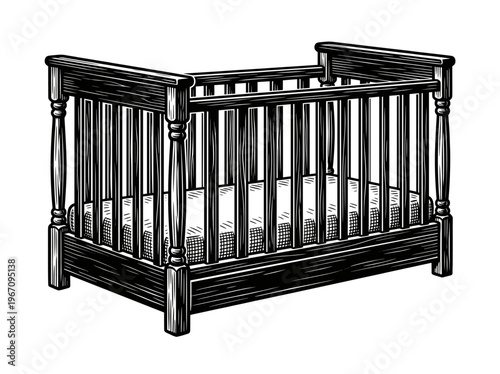 Vintage Baby Crib Engraving Illustration Black and White Line Art