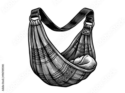 Vintage Baby Sling Engraving Illustration Black and White Line Art