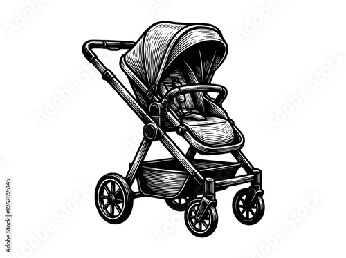Vintage Baby Stroller Engraving Illustration Black and White Line Art