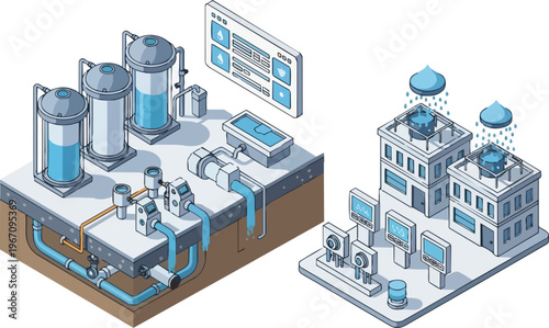 Isometric Smart Water Purification System and Rainwater Harvesting Infrastructure Illustration for Sustainable City Management
