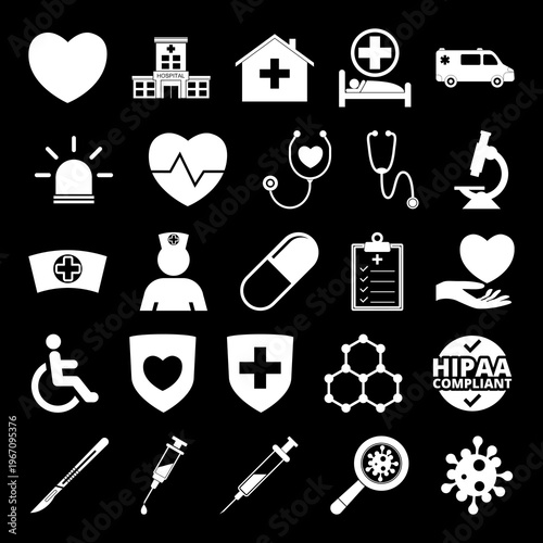 Hospital medical web icons set isolated on black background