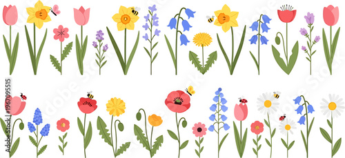 Vibrant Spring Flowers and Insects Collection Vector Illustration on White Background