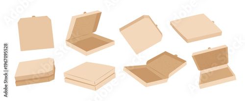 Craft pizza boxes for fastfood and take away snacks. Vector flat style illustration. Set of packages different view. Order tasty meal and delivery services.