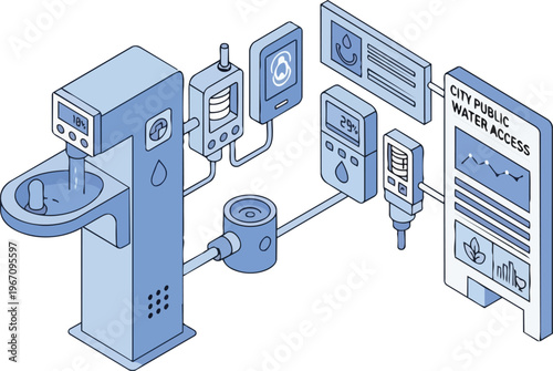 Smart City Public Water Access Infrastructure with IoT Monitoring and Data Visualization Isometric Illustration