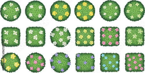Top-Down Vector Illustration of Various Flowering Bushes and Shrubs