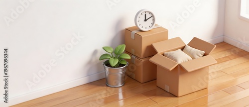 Decorative Arrangement of Cardboard Boxes and Clock Beside Potted Plant in Minimalist Interior