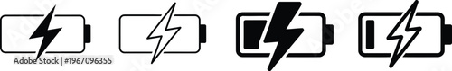 Battery icon set featuring battery charge level indicators and battery charging icon designs in modern flat style for energy and technology interfaces