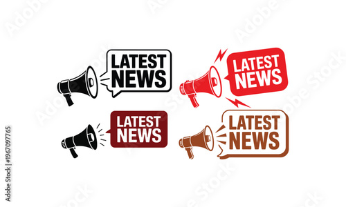  Latest news megaphone icons set in black red and orange colors for media announcement concept