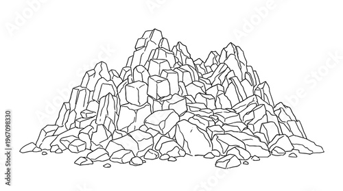 Line art illustration of a pile of various rocks and stones forming a small rocky mound with angular and irregular shapes.