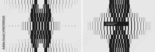 An abstract mechanical part in rotation. Futuristic concept. Engineering cover. Industrial style. Image of multiple lines and rectangles of varying thickness with a transition effect. Vector.