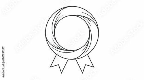 Simple black and white line art drawing of a circular award ribbon with a swirling design and two tails.