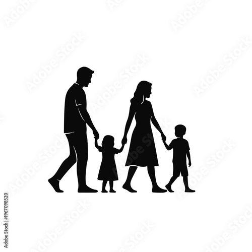 Happy Family Walking Together Silhouette – Parents Holding Hands with Son and Daughter