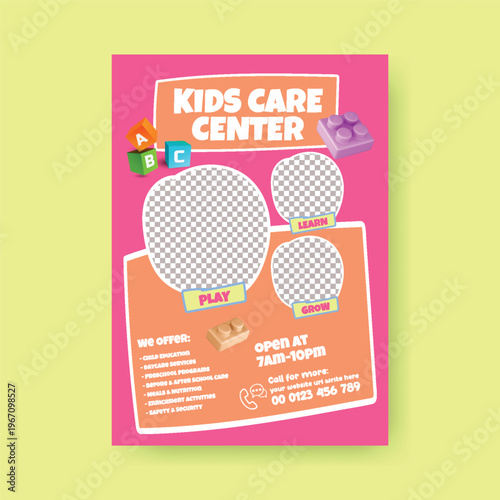 Modern Childcare Daycare A4 Flyer Editable Template for Preschool Kids Care Babysitting Nanny Services Summer Camp Poster Design Clean Minimal Colorful Vector Marketing Promotion Printable Design