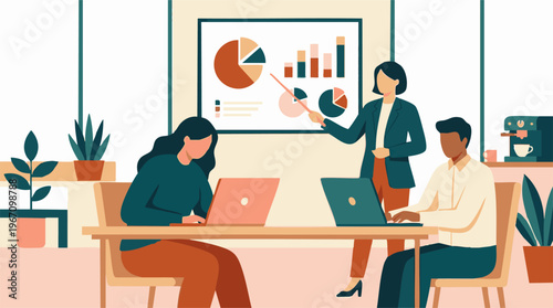 Business team analyzing data in a modern office meeting presentation