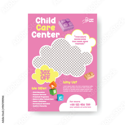 Creative Kids Care Childcare A4 Flyer Editable Template for Daycare Preschool Babysitting Nanny Services Summer Camp Poster Design Modern Clean Minimal Colorful Vector Marketing Promotion Design