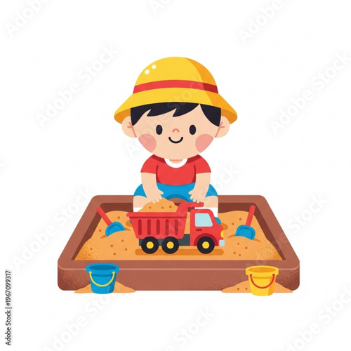 Young boy playing with toy truck in sandbox at outdoor playground  