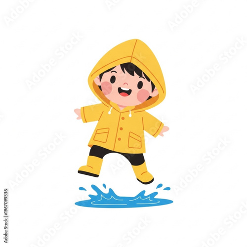 Child wearing yellow raincoat jumping in puddle with joy  