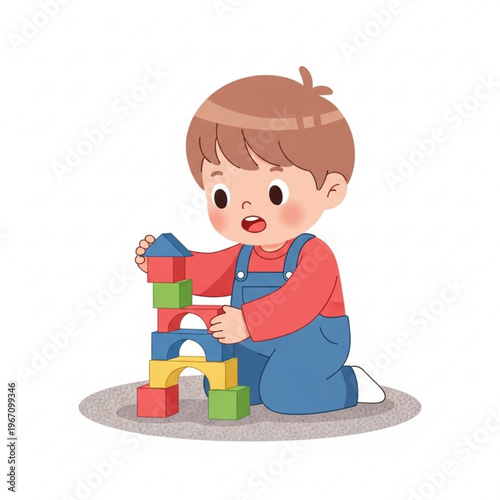 Young boy stacking colorful building blocks on soft carpet indoors  