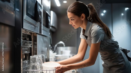 Professional cleaner loading dishes into a commercial dishwasher in a modern kitchen. A woman in a uniform carefully places a bowl into a dishwasher rack, ensuring cleanliness in professional setting