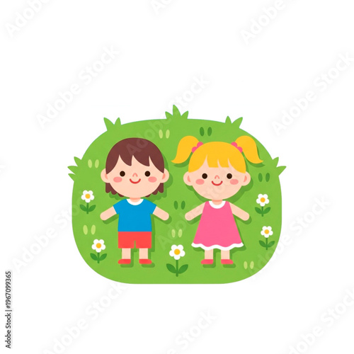 Two children standing in a grassy field with flowers and smiling  