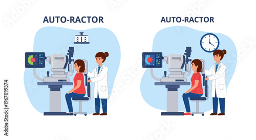 Optometrist examining patient with auto refractor eye test equipment.