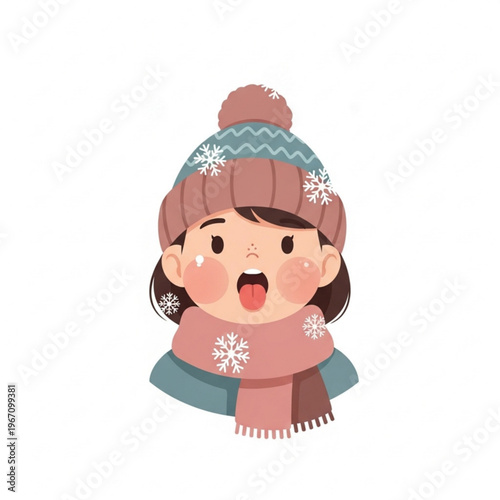 Girl catching snowflakes with tongue while wearing winter hat and scarf  