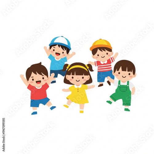 Children smiling and dancing together in colorful outfits  