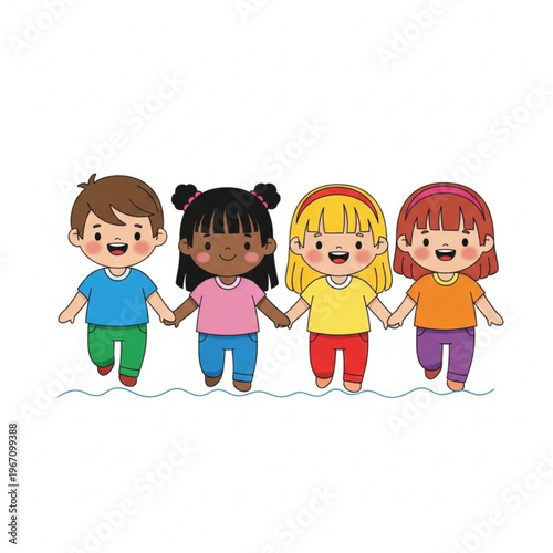 Group of children holding hands and walking in shallow water  