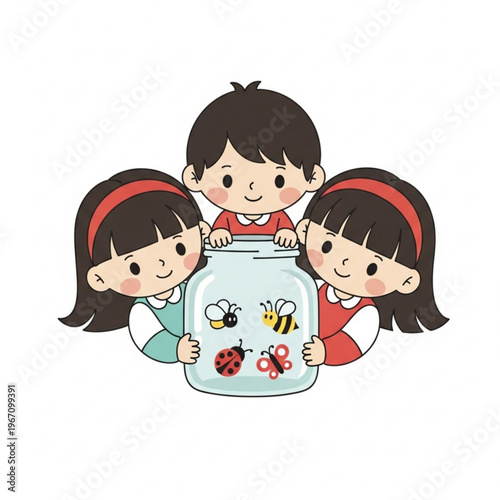 Three children observing insects in jar with curiosity and joy  