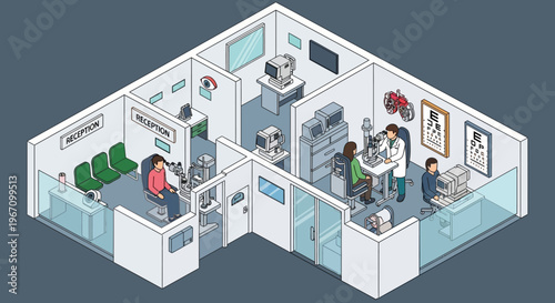 Optometry Clinic Interior with Patients and Staff.