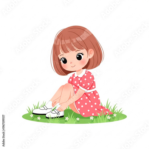 Young girl sitting on grass tying shoelaces in sunny environment  