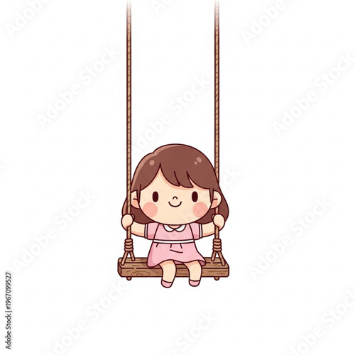Cute girl sitting on wooden swing and smiling in cartoon style  