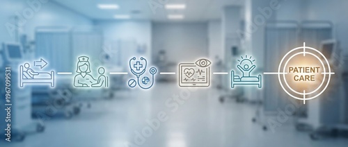Patient Care, Healthcare, Medical Infographic, Hospital, Nursing, Patient Journey, Recovery showing clinical workflow and medical monitoring in a modern hospital ward banner.
