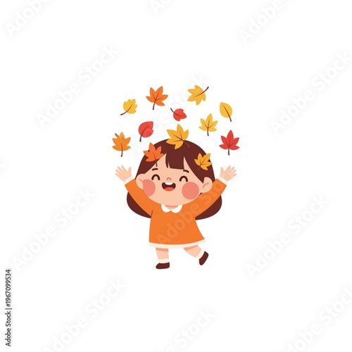 Happy girl playing with autumn leaves in a cheerful setting  