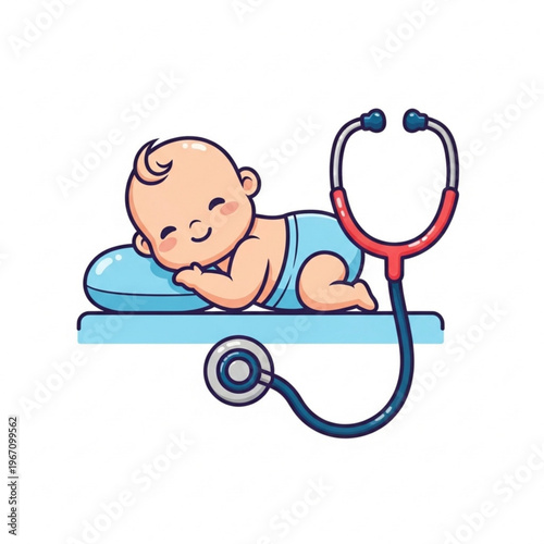 Infant lying on clinic table next to a stethoscope with smile  